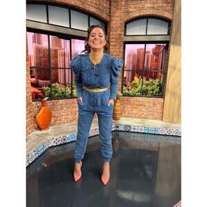 ULLA JOHNSON Blue Fleece Jersey Cotton Sadie Puff Shoulder Jumpsuit Size Medium